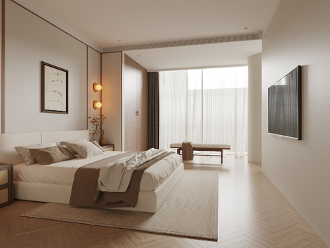 现代中古风卧室 双人床 衣柜su模型