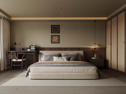 中古风卧室 双人床 衣柜 书桌椅su模型