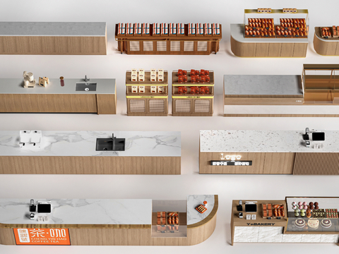 现代咖啡吧台 甜品店货架 收银台 服务台su模型