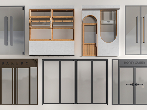 现代店铺玻璃门 咖啡厅门 奶茶店玻璃门 玻璃双开门su模型