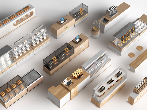 现代咖啡吧台 甜品店货架 收银台 服务台su模型