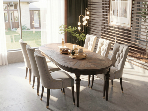 美式餐厅餐桌椅组合su模型