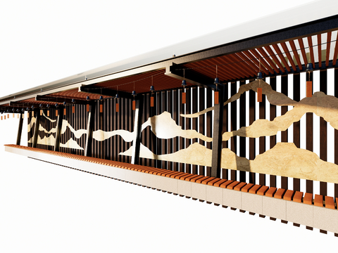 新中式廊架 木质金属廊架 连廊回廊 单臂悬挑廊架 片岩山水格su模型