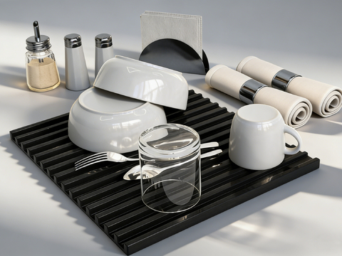 现代简约餐具静物组合 碗杯刀叉餐巾 调料瓶托盘 冰块玻璃杯su模型