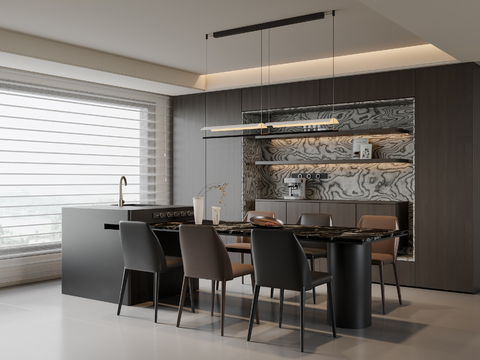 现代意式餐厅 岛台餐桌椅 吊灯 餐边柜 酒柜su模型