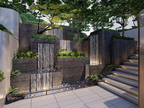 现代台阶景观 庭院景观 庭院花园su模型