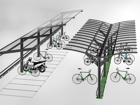 现代自行车棚 停车场雨棚 车棚廊架 电动车棚su模型