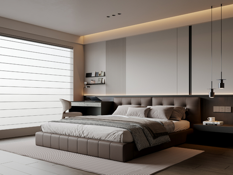  现代极简卧室 皮质双人床 床头柜 书桌椅 吊灯 地毯su模型 