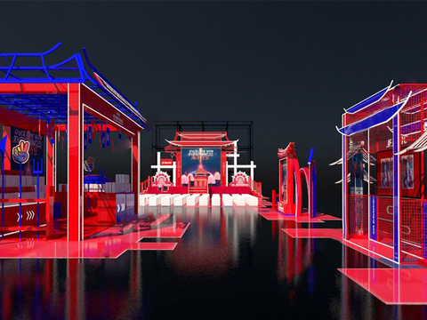 新中式国潮风 红色主题活动布景 国潮小吃街道su模型