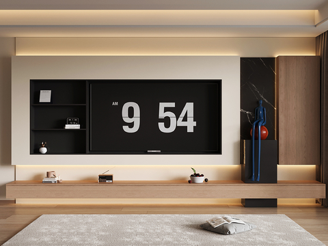 现代电视背景柜 中古电视背景墙 收纳储物开放格 悬空电视柜su模型