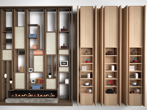  新中式装饰架 博古架 书架 置物架su模型 