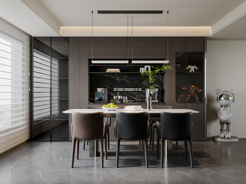 现代意式餐厅 餐桌椅 吊灯 餐边柜 酒柜su模型