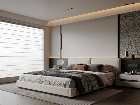 现代极简卧室 布艺双人床 床头柜 吊灯 地毯su模型