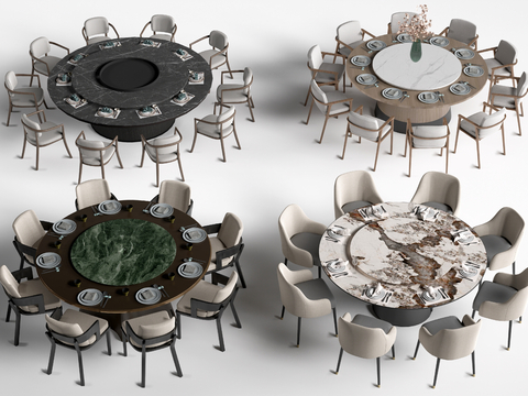  现代圆形餐桌椅 包厢桌椅 包间餐桌su模型 