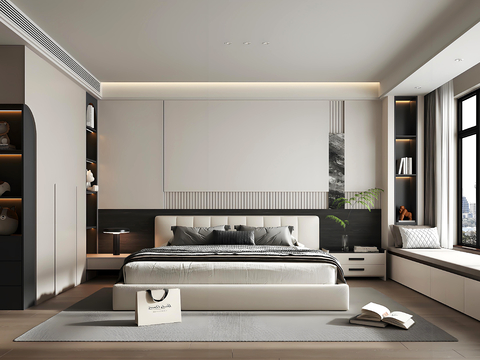 现代黑白灰卧室 双人床卧室 主卧 次卧su模型