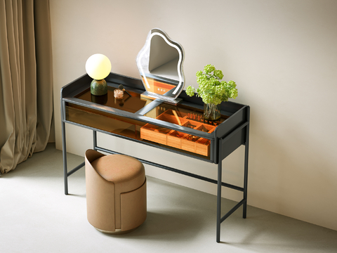  现代梳妆台 中古梳妆台 梳妆椅 中古书桌椅 化妆镜 妆台妆凳su模型 