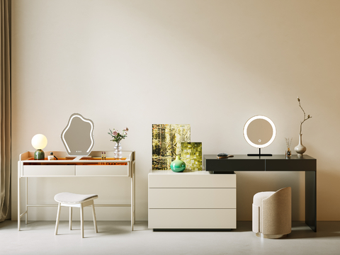  现代梳妆台 奶油风梳妆台 妆凳 化妆品组合 单椅su模型 