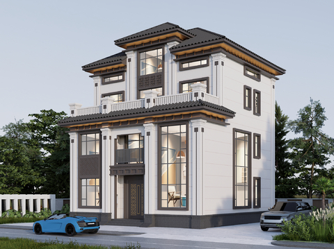 新中式别墅外观su模型