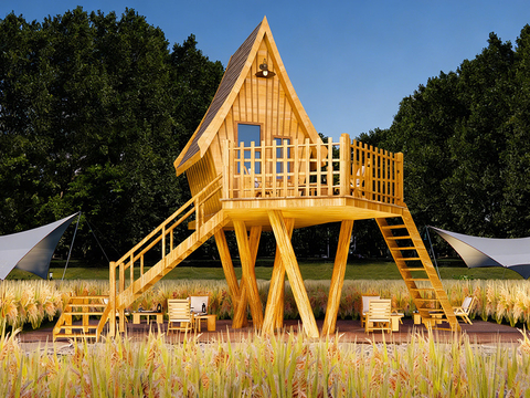 新中式木屋 氛围树屋营地 营地木屋观景su模型