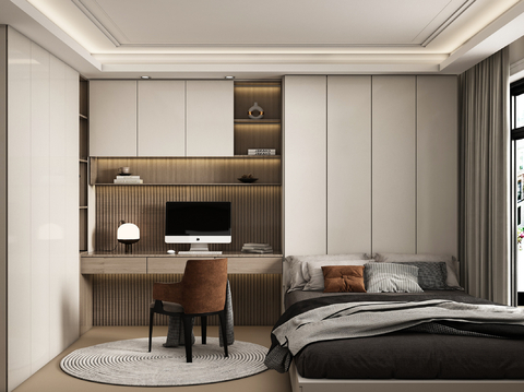 现代榻榻米卧室 儿童卧室 衣柜书柜 儿童床su模型