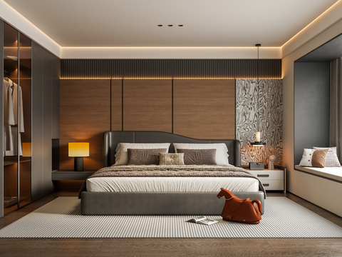  意式轻奢家居卧室 主卧床头背景墙 皮质双人床 床头柜台灯吊灯su模型 