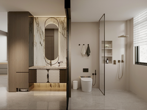 现代卫生间 干湿分离卫生间 浴室柜 马桶 花洒su模型