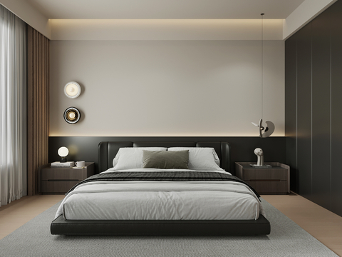现代意式卧室 双人床 背景墙su模型