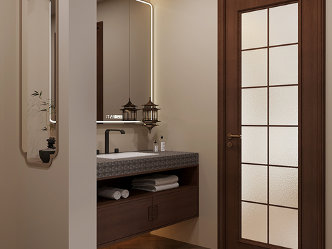 新中式卫生间干区 浴室柜 洗手台su模型