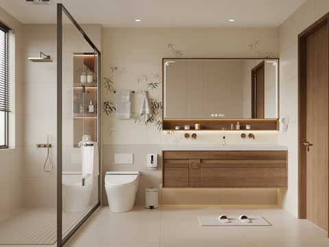 新中式卫生间 浴室柜 淋浴su模型