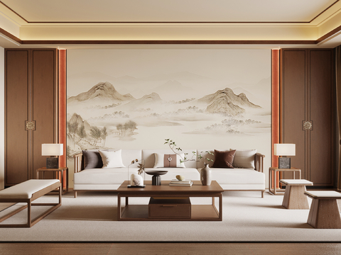 新中式客厅 沙发茶几组合 宋氏风客厅su模型