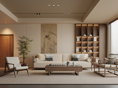 新中式客厅 沙发茶几组合 背景墙 置物柜su模型