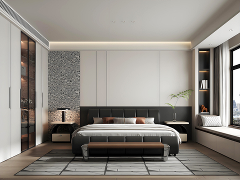 现代黑白灰卧室 双人床卧室 主卧 次卧su模型