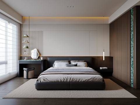 现代意式卧室 皮质双人床 床头柜 吊灯 梳妆台 衣柜su模型