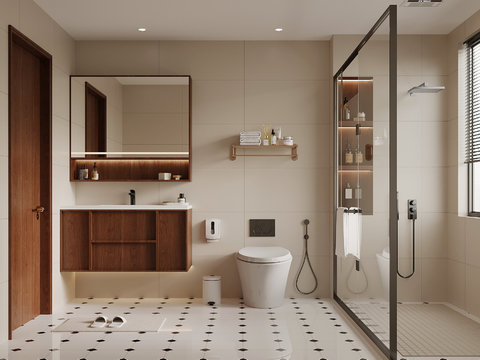 中古风卫生间 浴室柜 卫浴小件 淋浴su模型