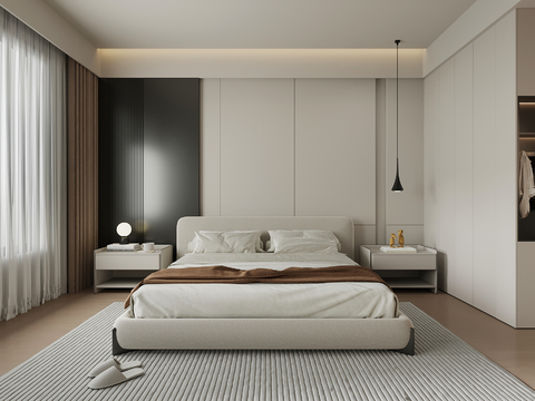 现代极简卧室 双人床 背景墙 衣柜 床头柜su模型