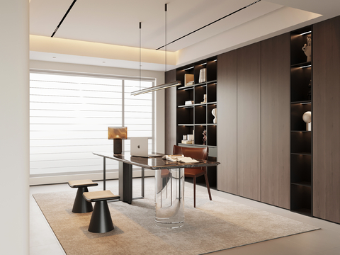 现代意式书房 书桌椅 书柜su模型