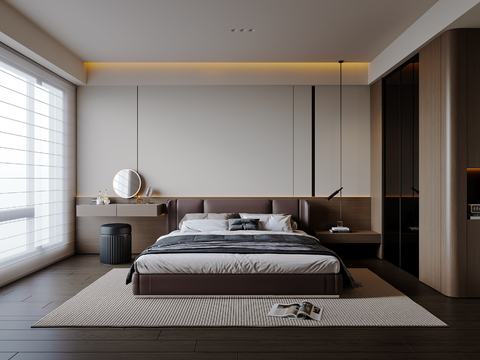 现代意式卧室 皮质双人床 床头柜 吊灯 梳妆台 衣柜su模型