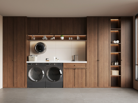 新中式洗衣房 洗衣柜 洗衣机 中古风洗衣房su模型