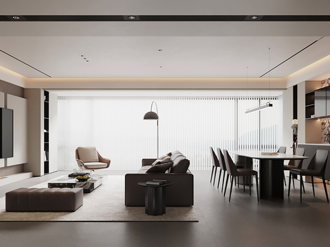 现代意式 客餐厅 餐桌椅 酒柜 电视背景墙su模型