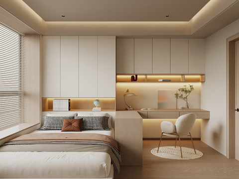 奶油风榻榻米卧室su模型