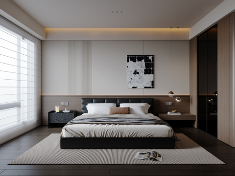 现代意式卧室 皮质双人床 床头柜 吊灯 挂画 衣柜su模型