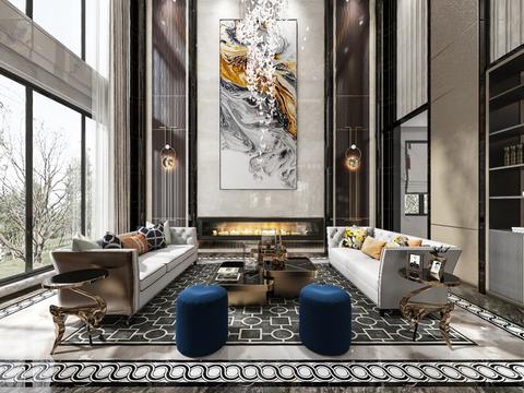  现代轻奢别墅客厅vr全景3d模型 