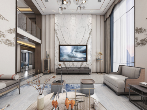  新中式别墅客厅vr全景3d模型 