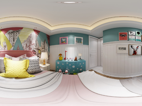  简欧卧室女儿房全景3D模型 