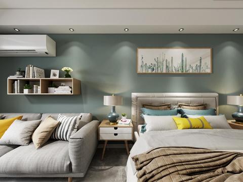  北欧公寓卧室客餐厅厨房全景3d模型 