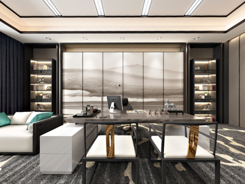  新中式总经理办公室vr全景3d模型 