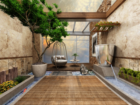  现代庭院露台花园全景3d模型 