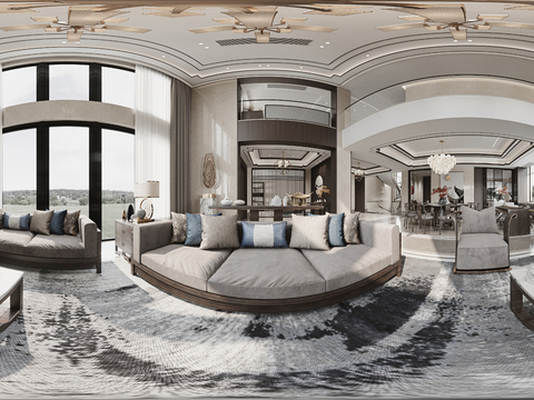  新中式别墅客餐厅cr全景3d模型 