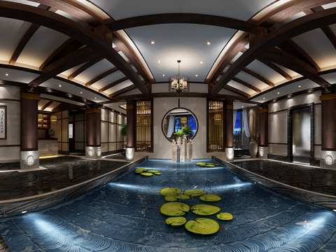  新中式会所前台大厅全景3D模型 