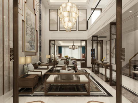  新中式别墅客厅餐厅全景3d模型 